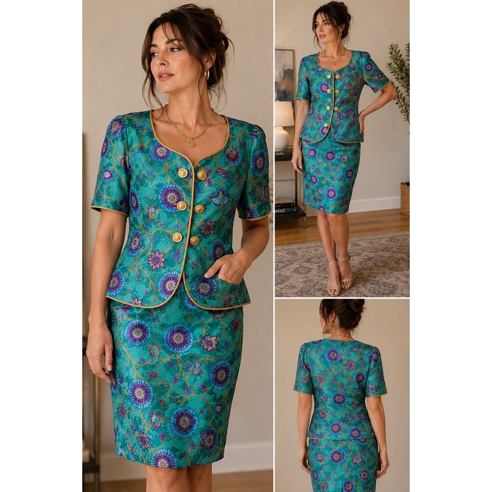 Adrianna Papell Skirt Suit 12 Teal Silk Floral Jacquard Vintage Gold Button 90s